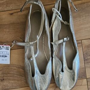 Silver Women's T-Strap Ballet Flats